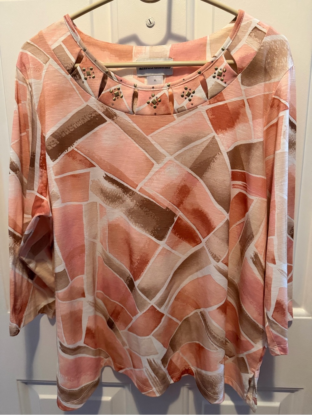 Alfred Dunner Pink & Brown Abstract Long Sleeve Top with Stud Neckline